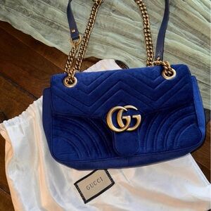 Gucci Royal Blue Velvet Shoulder Bag with Gold Chain